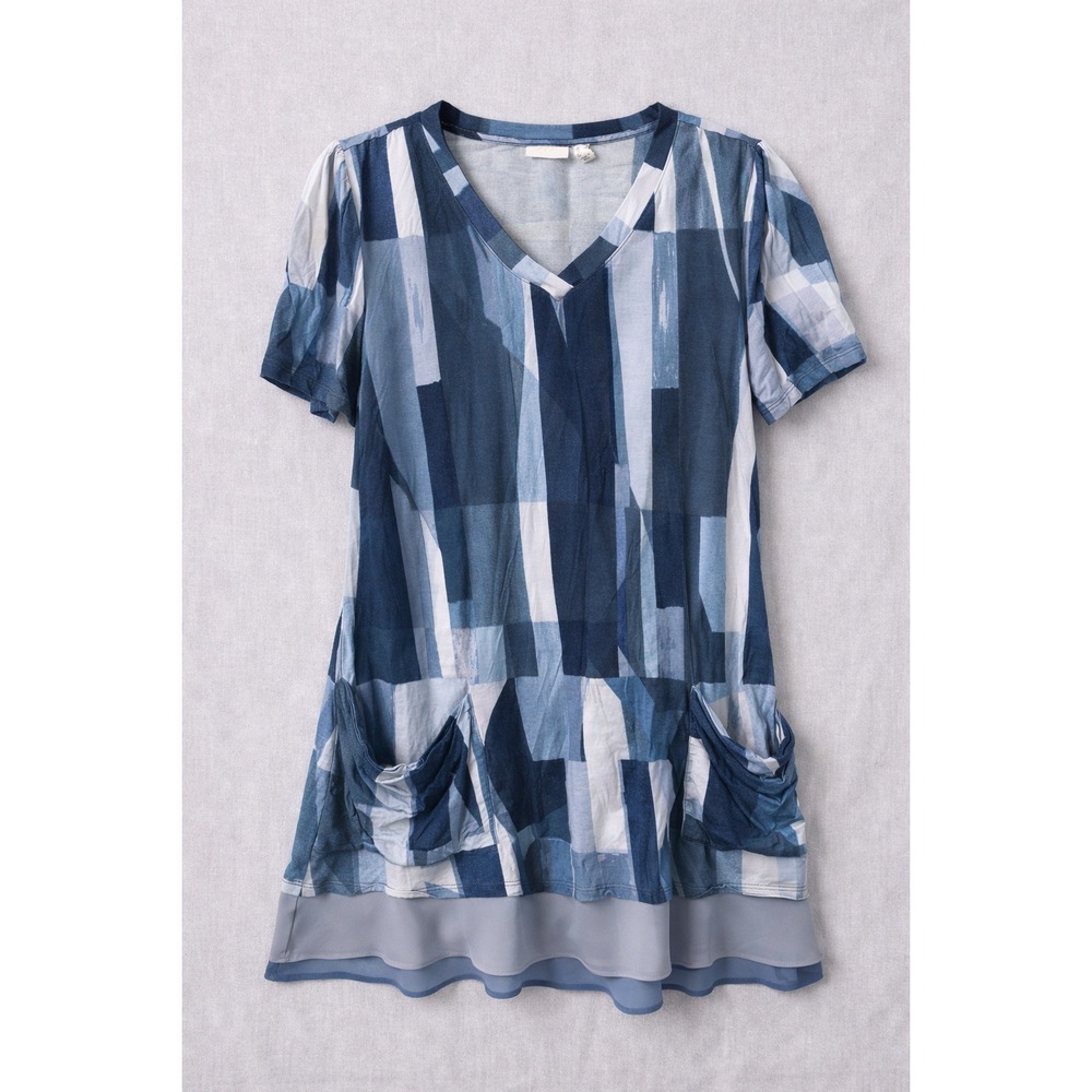LOGO Lori Goldstein Blue Geometric Tunic Top M Layered Hem V-Neck Pockets